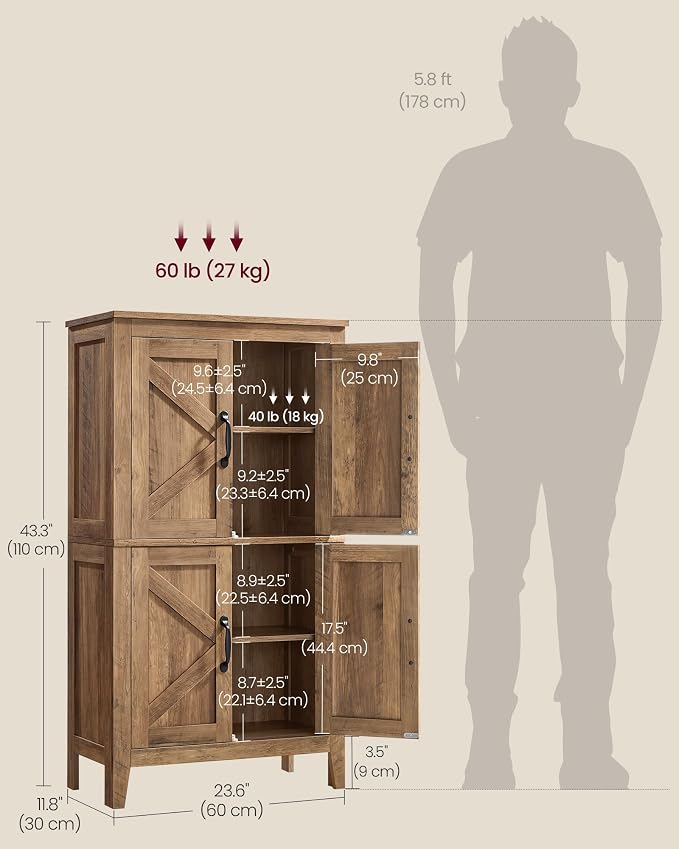 VASAGLE LIRY Collection - Farmhouse Storage Cabinet, Bathroom Floor Cabinet with Barn Doors, Freestanding Kitchen Pantry, Adjustable Shelves, for Dining Room, Living Room, Honey Brown, UBBK773K01 - Image 3