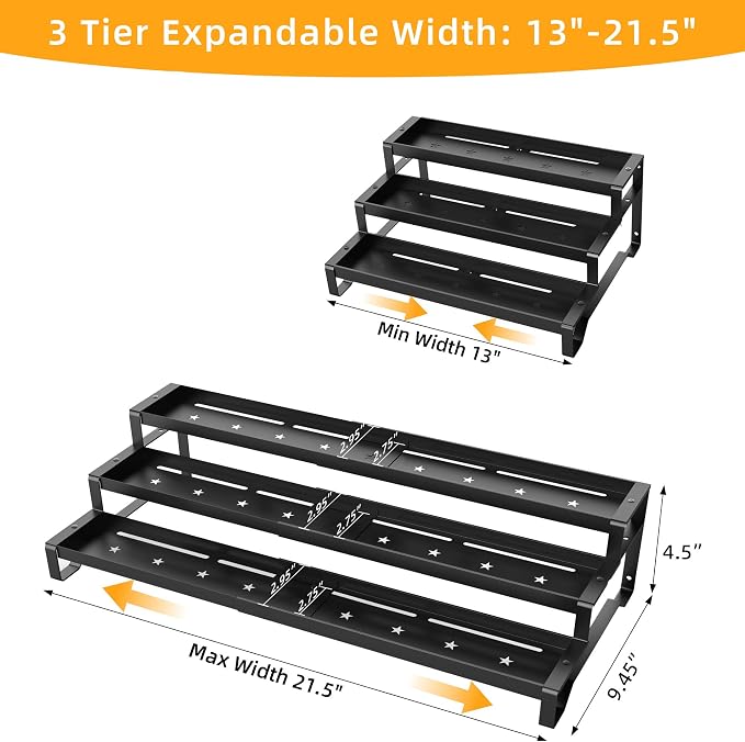 2 Pack Spice Rack Organizer for Cabinet, 13-21.5" Expandable Spicy Shelf | 9.45" Depth 3-Tier Black Metal Seasoning Organizer, Kitchen Spice Organization, Slip-Resistant Guardrails for Jars and Cans - Image 2