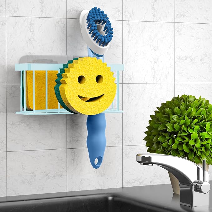 MURLONG Sponge Holder Smiley Face,Sink Caddy for Kitchen Sink,Sponge Holder with 2 PCS Suction Cups/1 PCS Adhesive Strips,Designed for Sponge,Soap,Dish Brush,Scrubber-Blue - Image 6