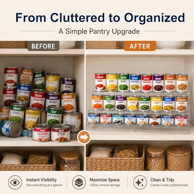 Expandable Can Rack Organizer for Pantry:3-Tier Clear Acrylic Canned Food Storage Holder, Adjustable Pantry Shelf for Kitchen Cabinet & Countertop, Holds Up to 24 Cans - Image 4
