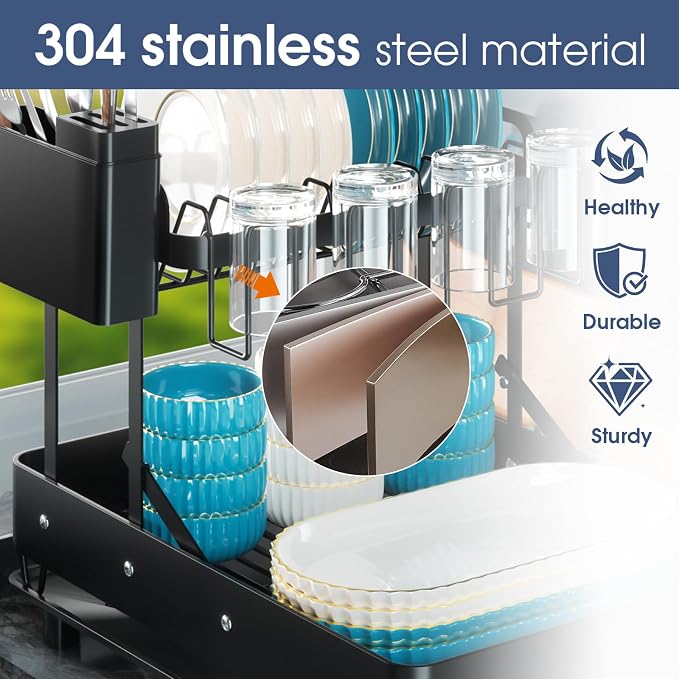 Dish Drying Rack for Kitchen Counter, Stainless Steel 2 Tier Dish Rack w Drainboard, Foldable 360° Rotatable & Expandable Drainer, Space-Saving Dish Strainers for Kitchenware - Image 3