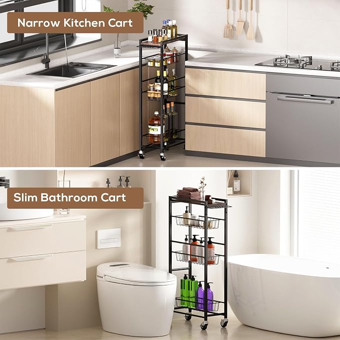 4 Tier Slim Rolling Storage Cart with Pull-Out Baskets, Narrow Sliding Storage Slim Laundry Rolling Cart Between Washer and Dryer - Image 6