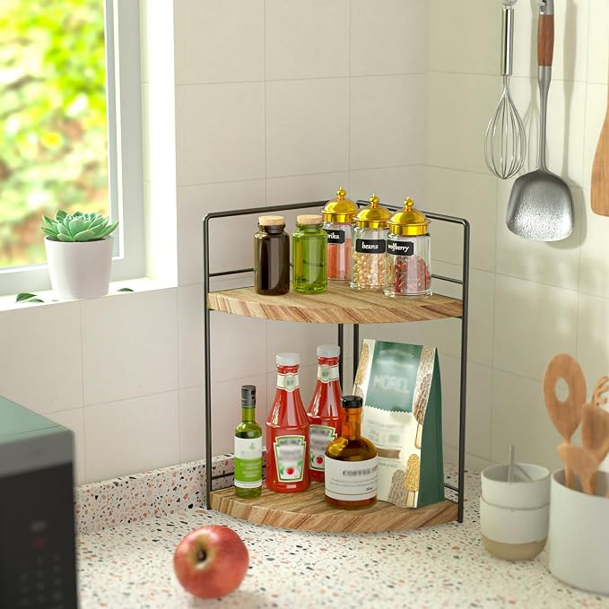 2 Pack Bathroom Counter Organizer, 2 Tier Corner Bathroom Counter Organizer Wooden Double Vanity Organizers for for Double Sink Organizers and Kitchen Storage Dresser Decoration - Image 2