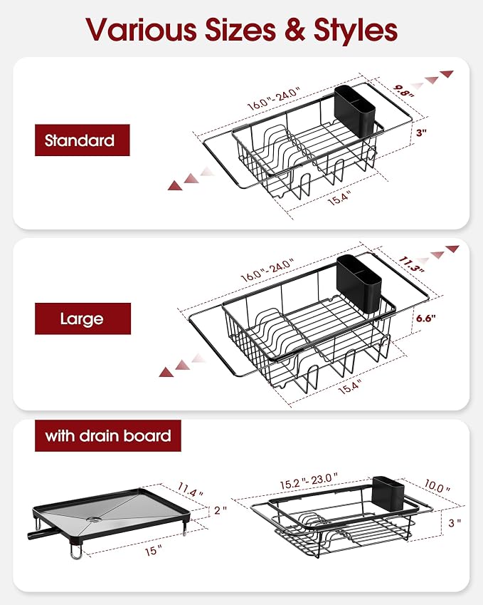 Sakugi Dish Drying Rack in Sink - Expandable Stainless Steel Dish Rack Over The Sink, Kitchen Sink Drain Strainer with Cutlery Holder & Cup Holders, 15.2 x 10.0 x 4.2 Inch, Black - Image 8
