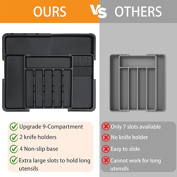 Silverware Organizer - Expandable Large Kitchen Drawer Organizer Utensil Organizer with 2 Removable Knife Blocks, 22"x 19"Cutlery Tray Drawer Dividers for Kitchen Flatware(6-9 Slots) (Black) - Image 3