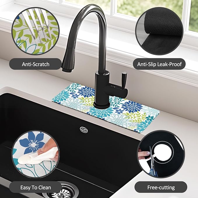 15" X 5.5" Kitchen Sink Splash Guard Faucet Mat Floral Super Absorbent Fast Drying Faucet Guard & Draining Mat Sink Splash Guard Behind Faucet for Kitchen, Bathroom - Image 6