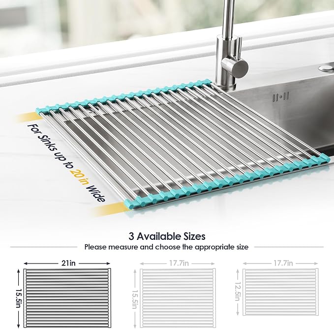 Tomorotec Roll Up Dish Drying Rack Over Sink, 304 Steel, 21x15.5, Green | Anti-Slip Silicone Rims For Grip, Heat-Resistant Trivet Mat Holding Heavy Cookware, Rustproof Kitchen Counter Space Saver - Image 4