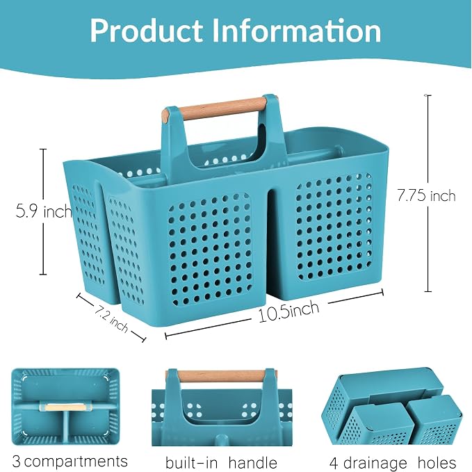 Portable Shower Caddy Basket with 3 Compartments and Handle, Teal | Plastic Divided Toiletry Caddy for Pools, Gyms, Beaches, Campgrounds, RVs, Travel and Shared Bathrooms - Image 2