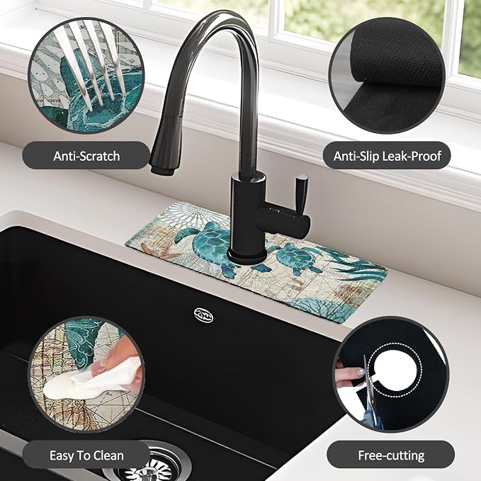 15" X 5.5" Kitchen Sink Splash Guard Faucet Mat Sea Turtles Super Absorbent Fast Drying Faucet Guard & Draining Mat Sink Splash Guard Behind Faucet for Kitchen, Bathroom - Image 4