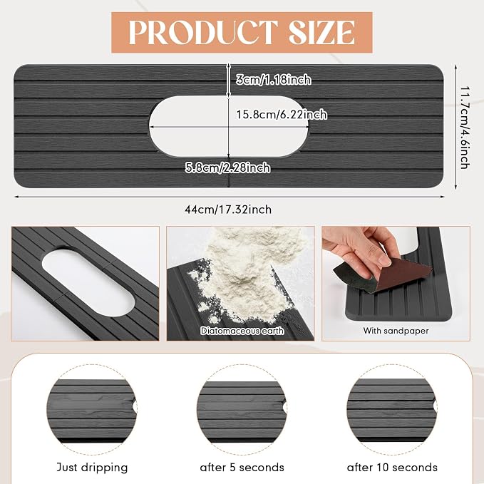 Teenyyou an Oval Hole Gray Faucet Mat Kitchen Sink 17.32" x 4.6" | Bathroom Faucet Absorbent Mat,Diatomite Splash Guard,Quick Drying Drip Catcher,Hole 6.22 " x 2.28" - Image 2