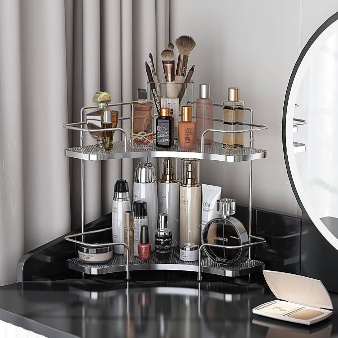 2 Tier Bathroom Organizer Countertop Corner, Makeup Organizer | Vanity Organizer Corner Shelf for Skincare, Cosmetics, Perfume, Tool-Free Assembly, Space-Saving, Silver - Image 7