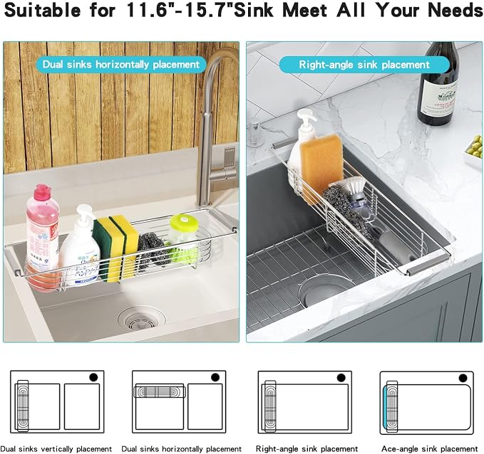 YQh Retractable Sink Drain Rack, 304stainless Steel Expandable Sink Storage Rack, Adjustabl Kitchen Sponge Drying Rack, soap Rack, Breathable Drainage (Adjustable Length 14in-18in) - Image 6