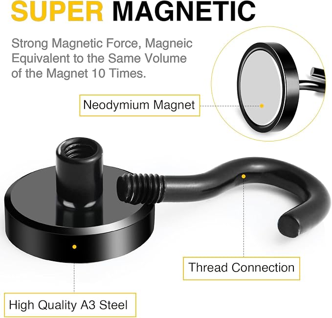 DIYMAG Magnetic Hooks, 85lbs 10pcs Cruise Cabin Essentials Heavy Duty Black | Strong Neodymium Rare Earth Magnets, for Kitchen, Classroom, Beach, Cruise Cabins, Refrigerator, Hanging Key Clothes Wall Hat - Image 6