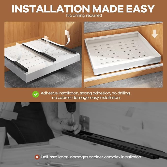 Seinloes 4 Pack Expandable Pull Out Cabinet Organizer 21"Deep With Raising Pad for Framed Cabinets,Upgrade 3 Slide Rails Slide Out Drawers,Roll Out Shelves Adhesive,Adjustable Width 15.15"-26.3" White - Image 6