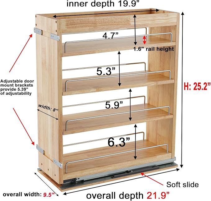 DINDON Pull Out Spice Rack Cabinet Organizer, (8" W x 21.9" D x 25.2" H) Multi-Use Soild Wood Pull Out Cabinet Organizer Slide Out Shelf Sliding Base Cabinet Storage Organization - Image 3