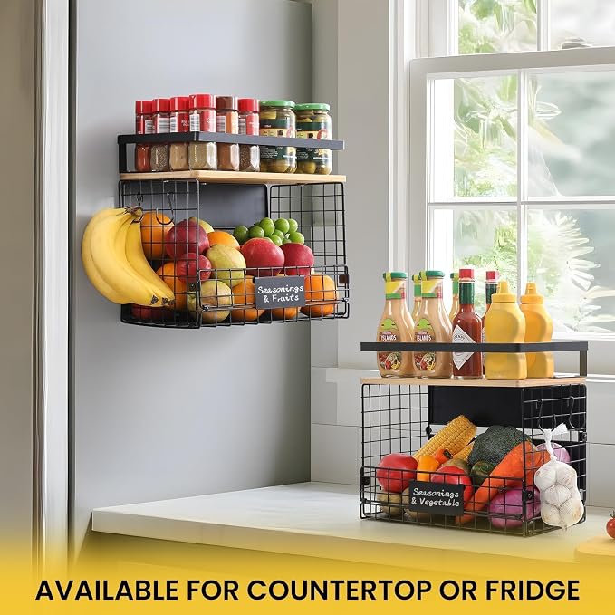 [WIDER SHELF] 2 SET Strong Magnetic Shelf Basket for Fridge with Tag & Bamboo Top, XXL Large Magnetic Spice Rack Shelves for Side of Refrigerator, Kitchen Pantry Storage Organizer for Food Fruit Veg - Image 6