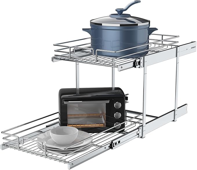 2 Tier Pull Out Cabinet Organizer, 17" W x 21" D Heavy-Duty Metal Sliding Drawer Shelf for Kitchen Cabinets, Chrome, Doesn't Include Door Fittings by Pulloutor
