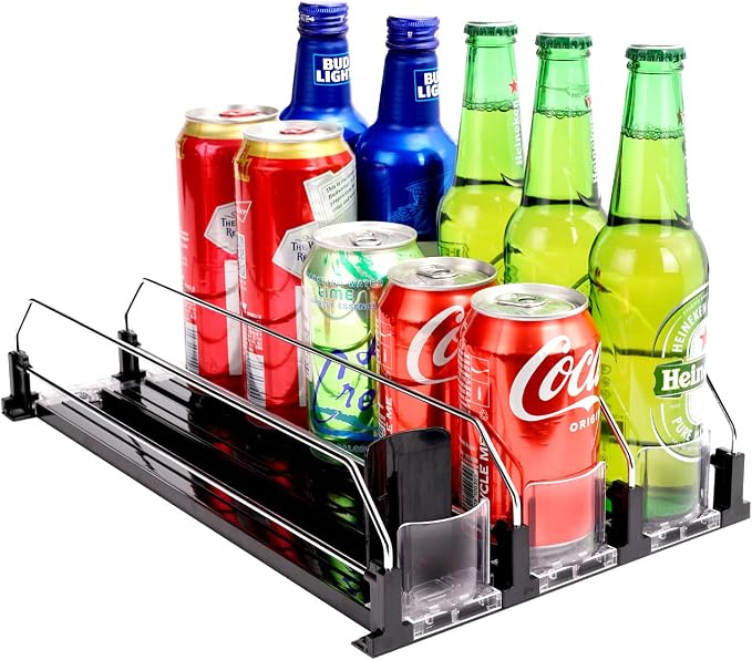 Drink Dispenser for Refrigerator, Self-Pushing Soda Can Organizer for Fridge, 3 Rows has been Assembled, Automatic Can Organizer with Spring Loaded for Refrigerator Holds 15 cans, Black by BingoHive
