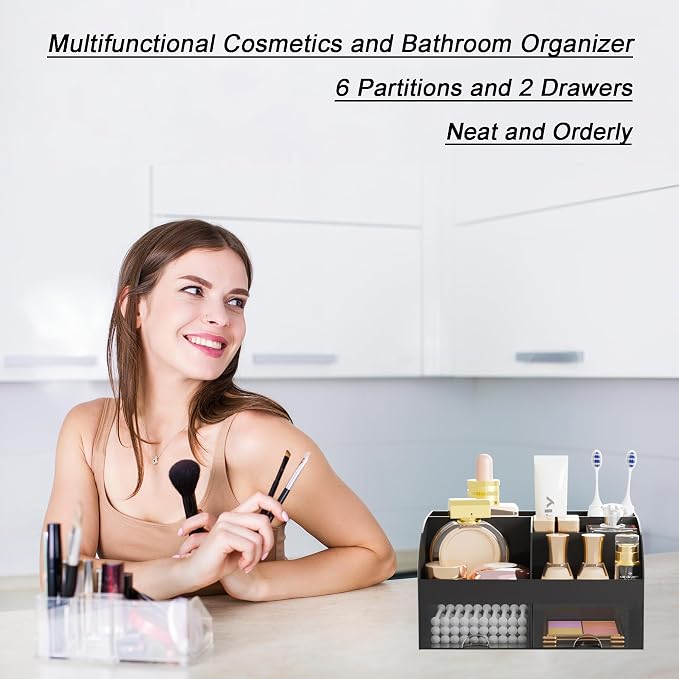 Makeup Organizer with 2 Drawers, Cosmetic Storage for Dresser Vanity and Bathroom Countertop,Make up organization and Skincare Storage with Beauty Brush Holder, Cosmetic Display Case (Black) - Image 5