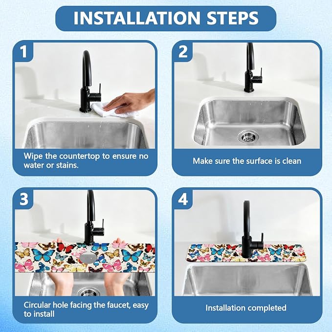 2 Pcs Kitchen Sink Splash Guard Faucet Mat Butterfly Pattern Faucet Mat for Sinks Absorbing Drying Mats for Kitchen Bathroom, 23.6x5.5inch - Image 4