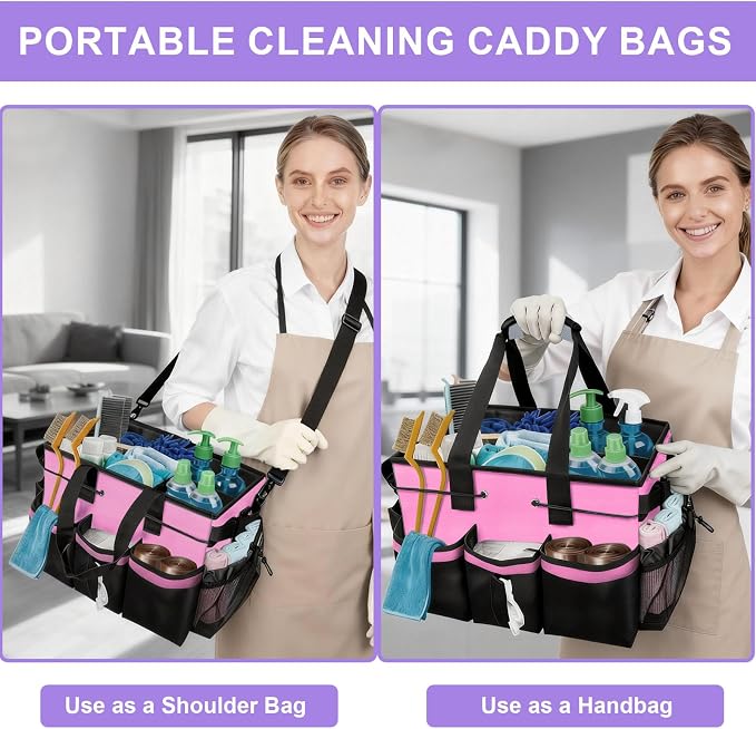Cleaning Caddy Bag Heavy-Duty Organizer Tote for Housekeepers, Janitors & Home Cleaning Supplies with Adjustable Shoulder Strap & Multiple Pockets (Pink) - Image 5
