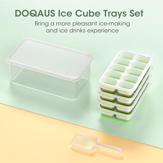 DOQAUS Ice Cube Tray with Lid and Bin,4 Pack Ice Cube Trays for Freezer | Silicone, Stackable. Easy Release Trays with Storage Bin & Scoop. Ideal for Freezer, Kitchen, RV, Cocktail, Coffee. - Image 8