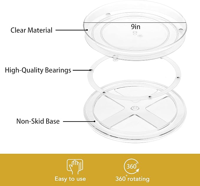 URALFA 9 Inch Lazy Susan Turntable, 2 Pack Small Rotating Cabinet Organizer | Clear Acrylic Plastic Spinning Organizer for Kitchen Cabinet, Pantry, Countertop, Fridge 360-Degree Rotating Base - Image 7