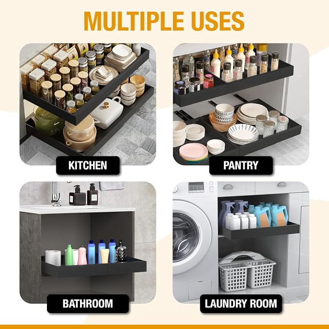Expandable Pull Out Drawers for Cabinets(Black) : Kitchen and Pantry Organizer, Sliding Cabinet Organizer with Adhesive, Under Sink and Pots Storage, Depth 16.5". expandable pull out cabinet organizer - Image 8