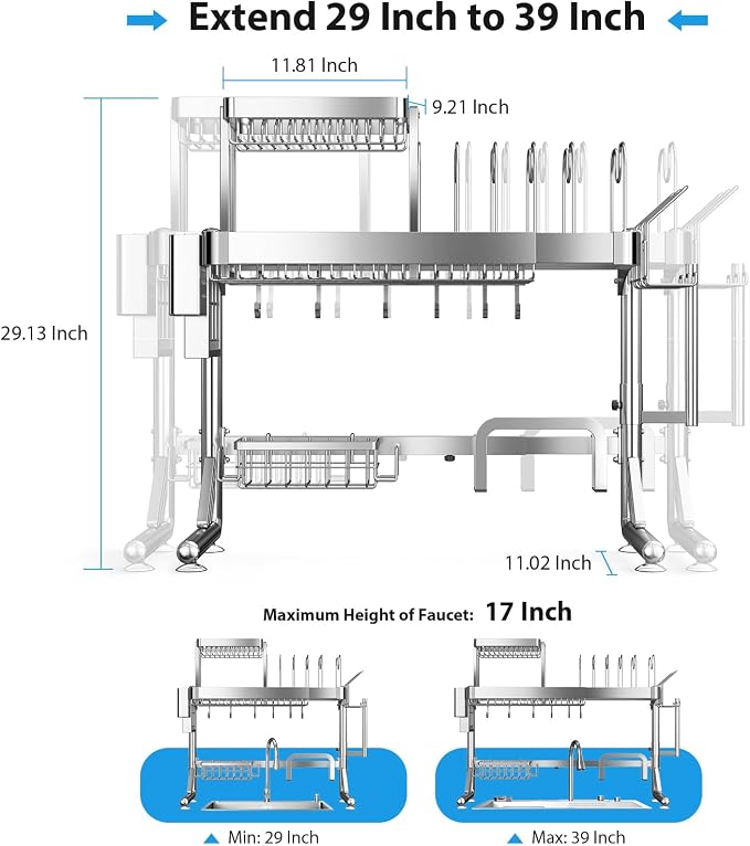 Upgrade 3 Tier Over Sink Dish Drying Rack Adjustable Width | 304 Stainless Steel with Pots and Pans Rack, Modern Large Expandable Kitchen Storage Counter Organizer - Image 2