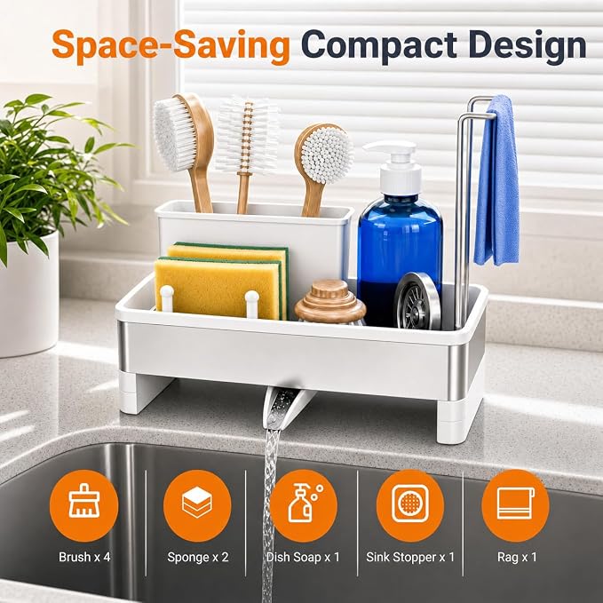Laveshop Sponge Holder for Kitchen Sink, Rustproof Stainless Steel Sink Caddy with Auto-Drain, Removable Brush Holders, Soap and Dishcloth Organizer, White - Image 2