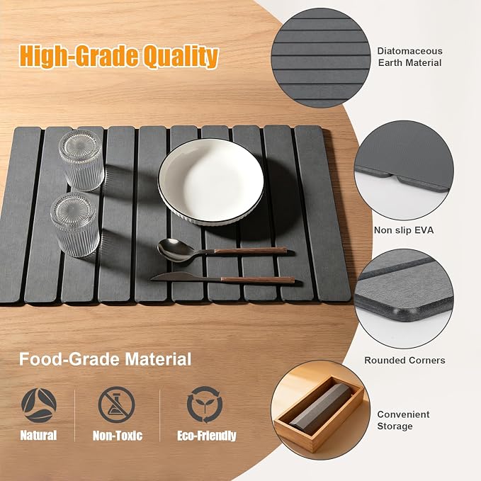 Beslands Large Stone Drying Mat for Kitchen Counter, 24"x16" Diatomaceous Earth Dish Drying Mat with EVA, Quick Dry & Non-Slip Foldable Roll up Stone Mat for Dishes, Bottles, Pots, Sink Dark Gray - Image 3
