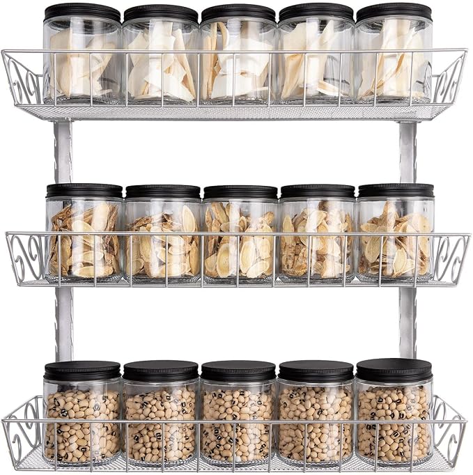 SWOMMOLY Wall Mount Spice Rack Organizer, 3-Tier Adjustable Dual-Use Shelf | Hanging Spice Rack Organizer, Kitchen Pantry Cabinet Storage Holder for Spices, Mason Jars, Bottles & Cans, Silver - Image 5