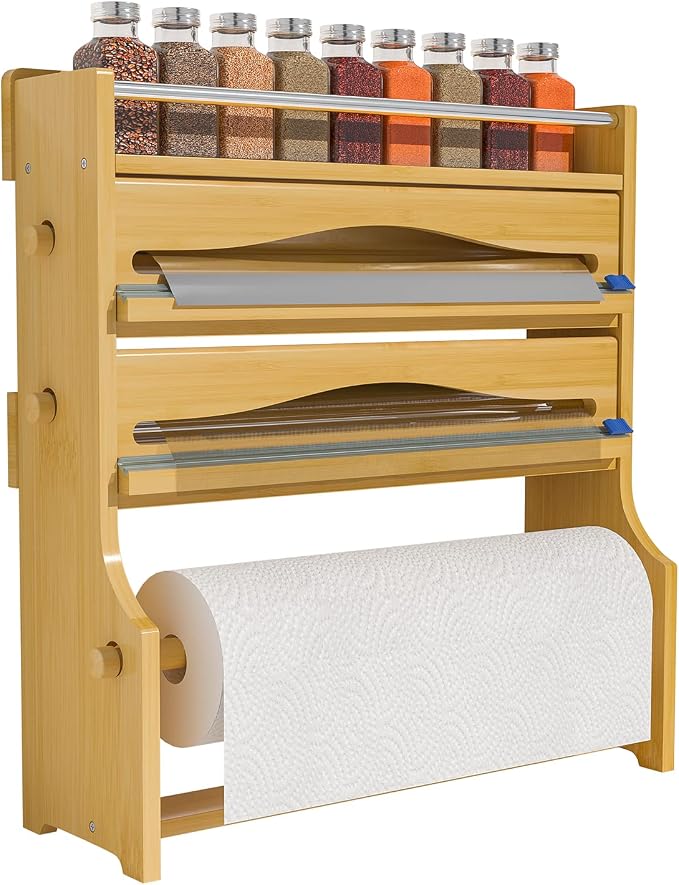 Foil Plastic Wrap Organizer Dispenser - Wall Mounted Bamboo Kitchen Paper Towel Holder with Spice Shelf,4 in 1 12" Roll Dispenser with Cutter by ZriBamboo
