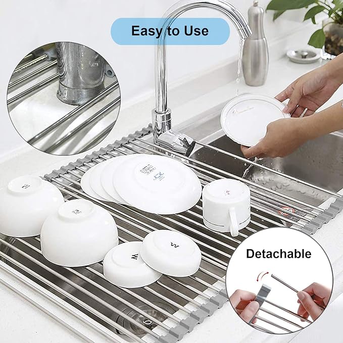 Searik Stainless Steel Over The Sink Dish Drying Rack, Roll Up Foldable Kitchen Sink Drainer Rack (17.7"x 11.8") - Image 4