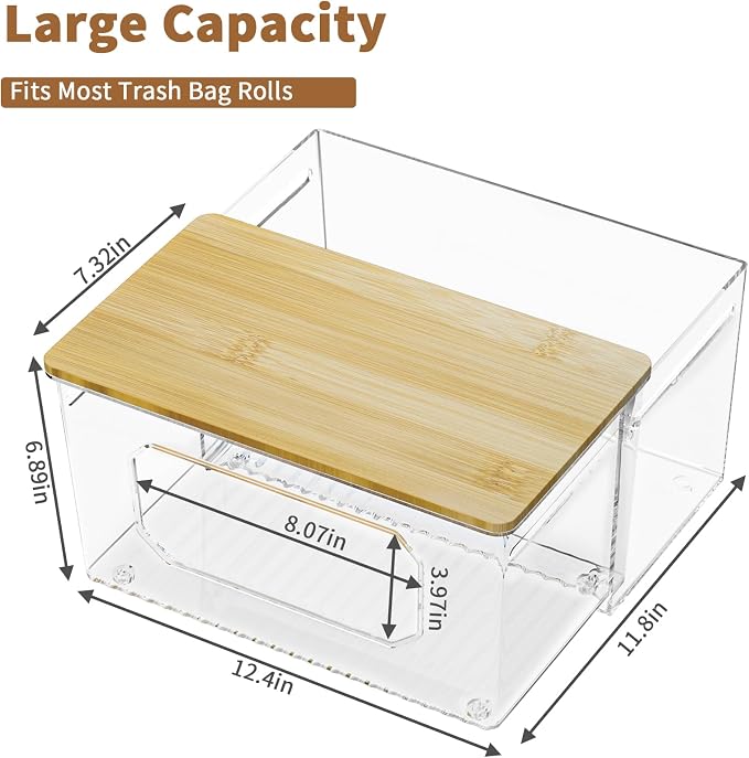spospo Trash Bag Holder 2-in-1 Under Sink Organizer with Bamboo Lid | Acrylic Trash Bag Dispenser with Pull-Out Basket for Cleaning Supplies, Garbage Bag Holder for Kitchen Laundry Room Storage - Image 2