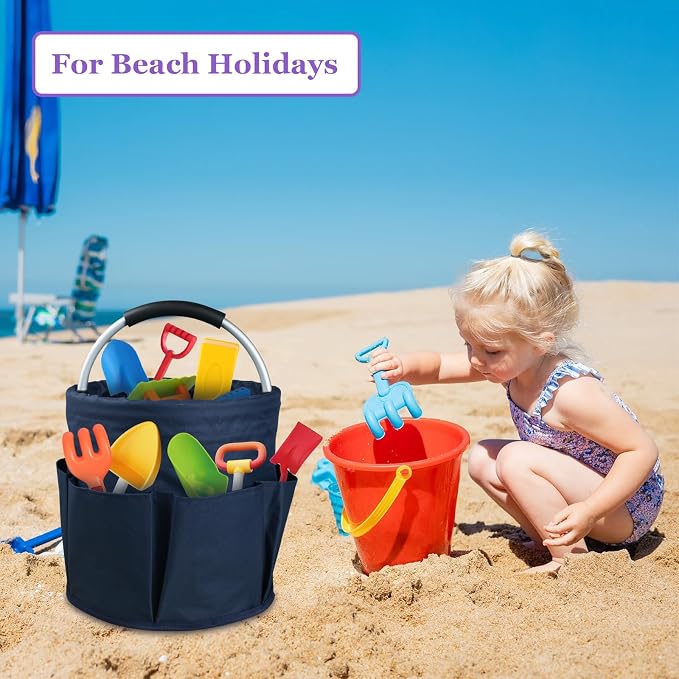 17L Cleaning Caddy with Handle, Portable Shower Caddy in 600D Oxford Fabric, Bucket Tool Organizer with 6 Side Pockets, Collapsible Storage Basket for Cleaning, Camping, Navy Blue - Image 3