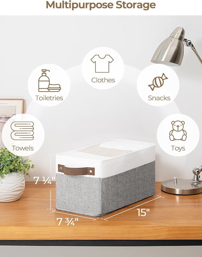 StorageWorks Narrow Storage Bins, Gray and White, 2-Pack | With Metal Frame, Sturdy Structure, PU Handles, Toilet Paper Storage, Small Storage Bins, For Bathroom, Closet, Shelf - Image 2