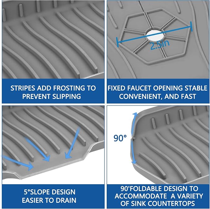 Kitchen Sink Splash Guard Gen2-30" x 6'' Silicone Sink Mat Splash Guard fit for Countertop, Bathroom,Farmhouse,RV by EBIGIC (Grey) - Image 3