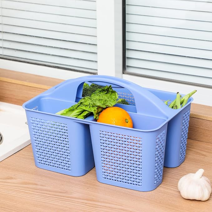 Plastic Portable Shower Caddy Basket with Handle, 3 Compartments, Dark Blue | Storage Organizer with Drain Holes, Sturdy and Durable For Bathroom, Kitchen, College Dorm, Sink, Camping - Image 3
