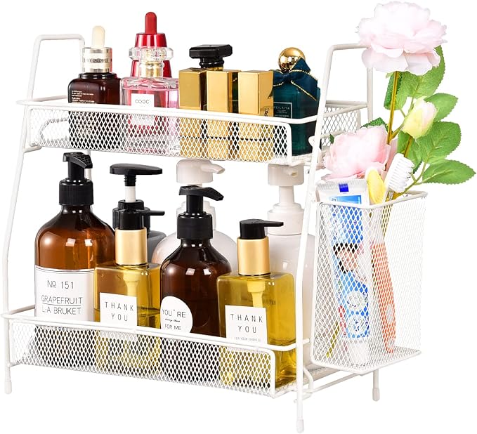 Countertop organizer for bathroom counter, bathroom organizers and storage, spice rack organizer for kitchen counter shelf with small basket(White) by LemikkleDirect