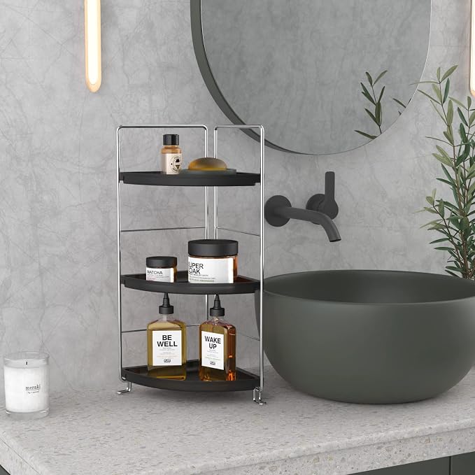 3-Tier Corner Bathroom Sink Countertop Organizer Storage Shelf Stackable Organizer for Cosmetics, Bathroom, Kitchen, Counter-Kitchen Spice Rack-Vanity Tray Makeup Shelf Holder,Black - Image 2