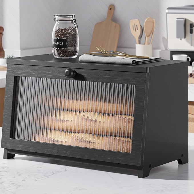 Kitsure Wooden Bread Box for Kitchen Countertop, 1-Tier, Black | Large Capacity Kitchen Countertop Organizer, Stylish Bread Storage with Window, Multi-functional Container by Kitsure
