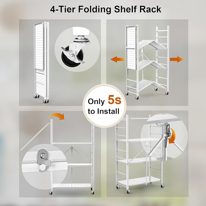 Himix 4-Tier Foldable Metal Storage Shelf with Wheels Kitchen White | Metal collapsible organization, Folding shelves rack, Wire shelving, Garage, Unit rolling cart, No assembly, Holds 352 Ibs - Image 4