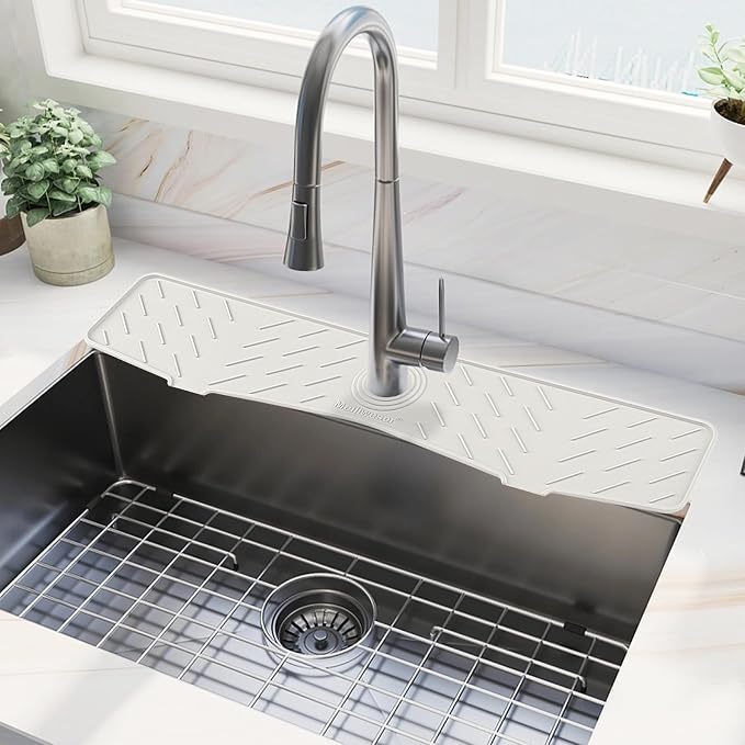 Faucet Mat for Kitchen Sink – 24” x 5.1” Extra-Long Silicone Splash Guard with 10° Slope & Upgraded Drainage – Gen 3 Sink Water Catcher & Sponge Holder for Kitchen, Bathroom (White) by Meiliweser