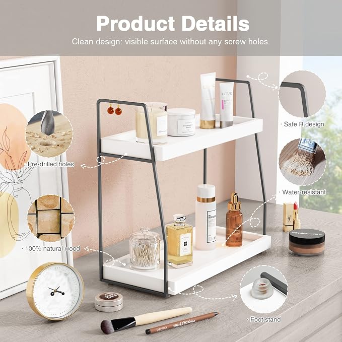 Forbena 2 Tier Bathroom Counter Organizer, White and Grey Coffee Bar Organizer for Countertop, Wood Shelf Tray for Vanity Makeup Storage, Small Kitchen Sink Top Organizers for Coffee Bar Station - Image 7