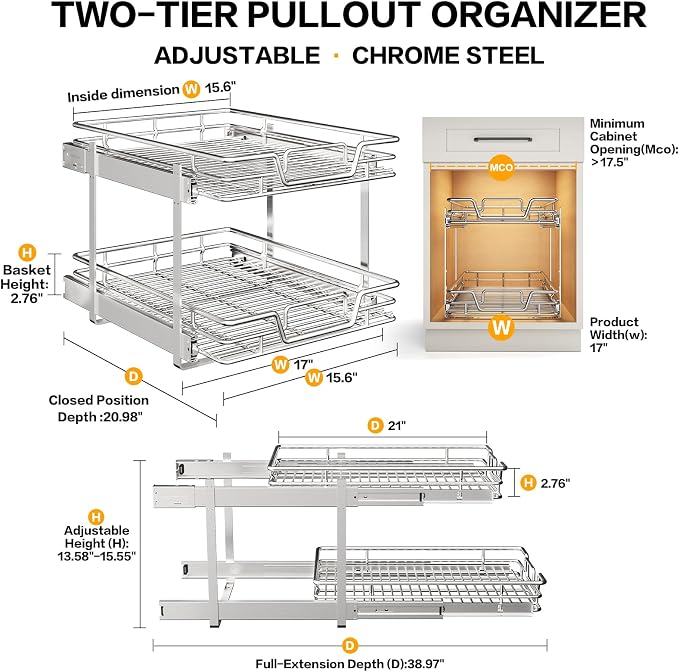 2-Tier Kitchen Cabinet Pull Out Cabinet Organizer,Shelf and Drawer Organizer Slide Out Pantry Storaqe Basket in Multiple Sizes (17" W x 21" D) - Image 2
