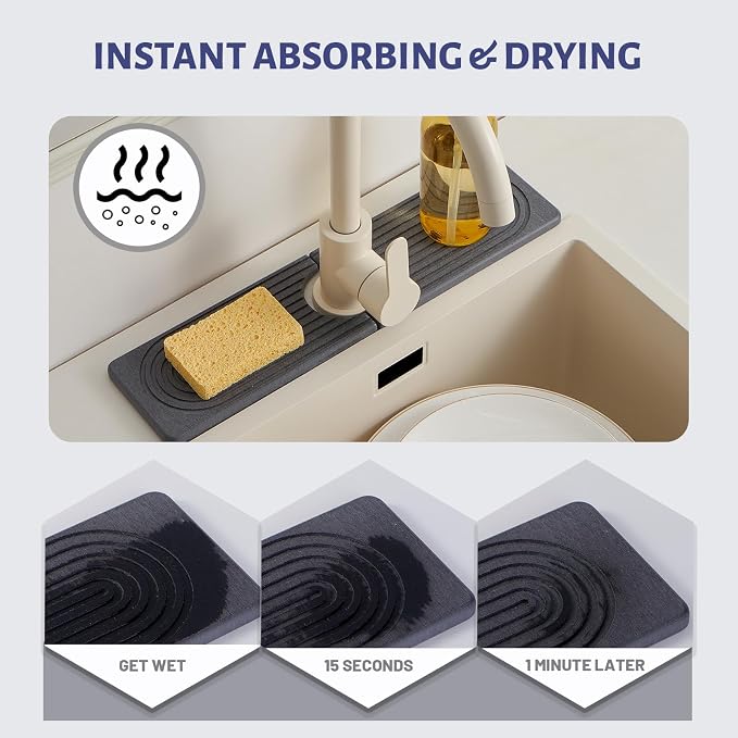 20in Fast Drying Stone Faucet Mat for Kitchen Sink splash guard Diatomite | Sink Splash Guard Water Absorbing Stone Tray for Sink, Counter Protector Matt for Kitchen & Bathroom - Image 3