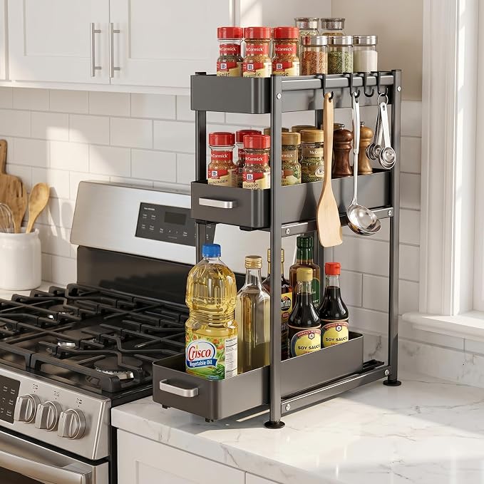 3-Tier Countertop Organizer, Pull Out Spice Rack, Transforming a Cramped, Unusable Space Into a Storage Area, With Suction Cup Feet and 4 Hooks, For Tall Bottles, Condiments and Spices - Image 5