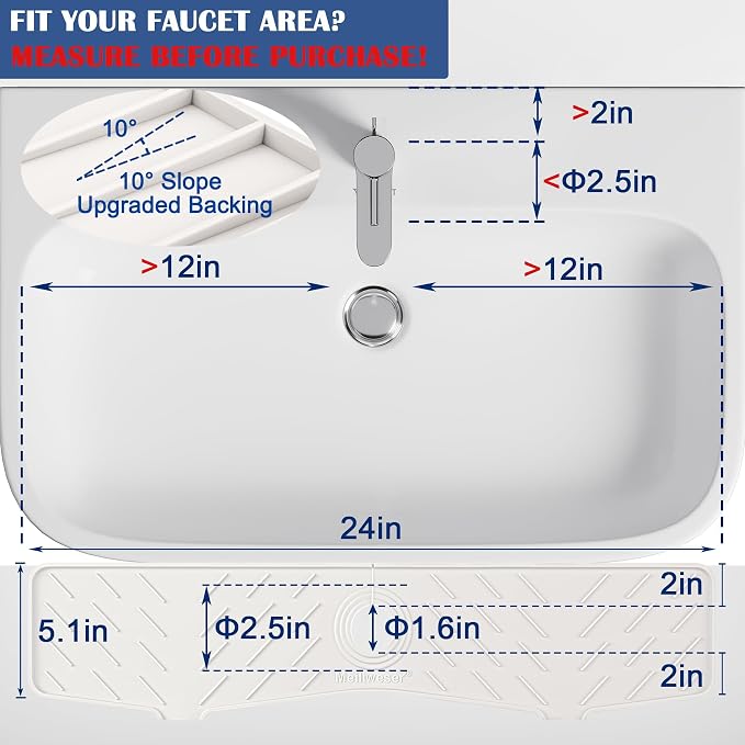 Faucet Mat for Kitchen Sink – 24” x 5.1” Extra-Long Silicone Splash Guard with 10° Slope & Upgraded Drainage – Gen 3 Sink Water Catcher & Sponge Holder for Kitchen, Bathroom (White) - Image 2