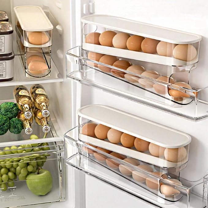 WACOI Auto Rolling Fridge Egg Organizer, Space Saving Eggs Dispenser for Refrigerator Storager with Lid,Egg Holder for Fridge 2 Pack - Image 2